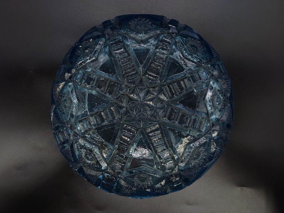 昭和初期　切子　プレスガラス　お部屋に清涼感をもたらすボウル2点&灰皿セット(青、硝子、ガラス鉢、深皿、アシュトレイ、器、和ガラス)(R-082808)