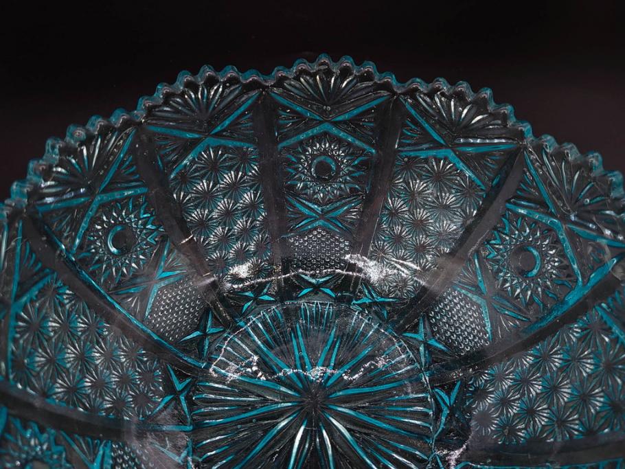 昭和初期　切子　プレスガラス　お部屋に清涼感をもたらすボウル2点&灰皿セット(青、硝子、ガラス鉢、深皿、アシュトレイ、器、和ガラス)(R-082808)