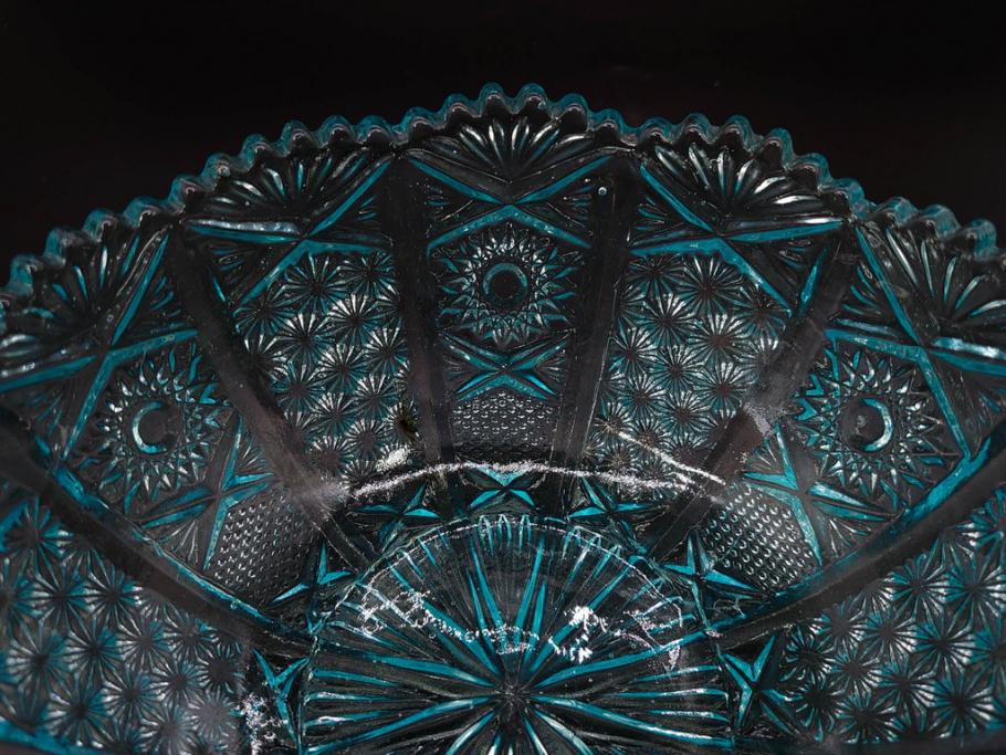 昭和初期　切子　プレスガラス　お部屋に清涼感をもたらすボウル2点&灰皿セット(青、硝子、ガラス鉢、深皿、アシュトレイ、器、和ガラス)(R-082808)