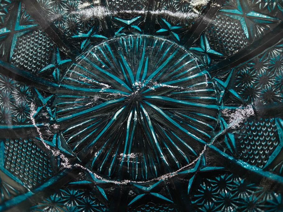 昭和初期　切子　プレスガラス　お部屋に清涼感をもたらすボウル2点&灰皿セット(青、硝子、ガラス鉢、深皿、アシュトレイ、器、和ガラス)(R-082808)