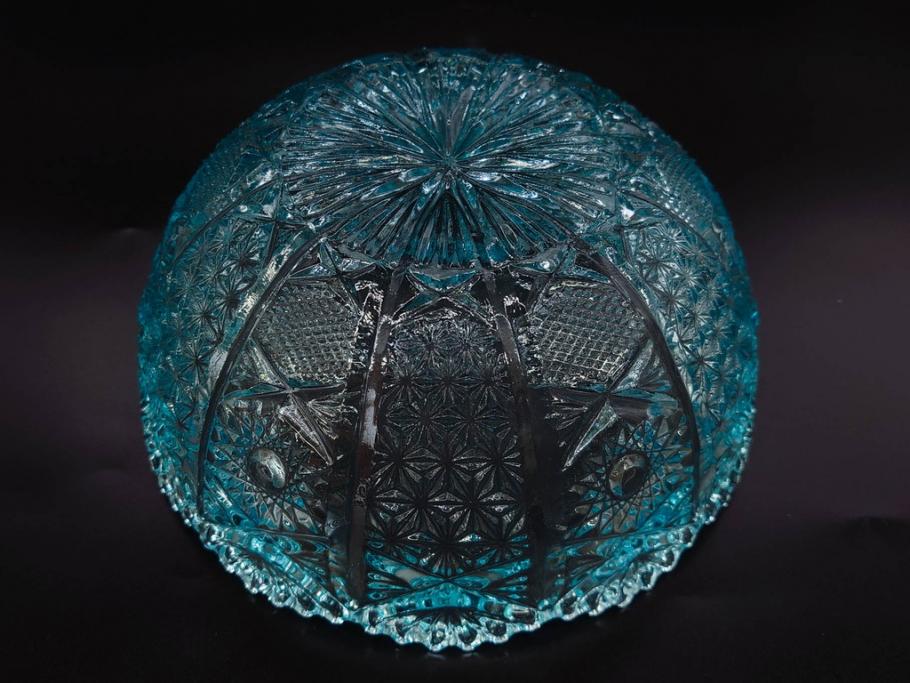 昭和初期　切子　プレスガラス　お部屋に清涼感をもたらすボウル2点&灰皿セット(青、硝子、ガラス鉢、深皿、アシュトレイ、器、和ガラス)(R-082808)