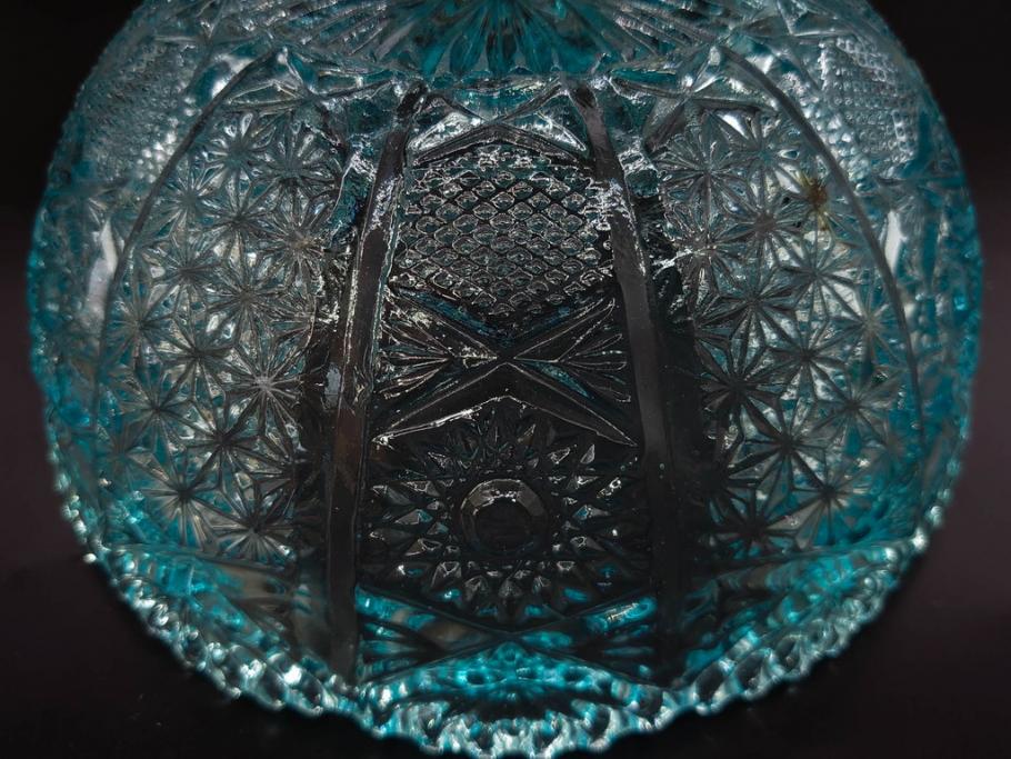 昭和初期　切子　プレスガラス　お部屋に清涼感をもたらすボウル2点&灰皿セット(青、硝子、ガラス鉢、深皿、アシュトレイ、器、和ガラス)(R-082808)
