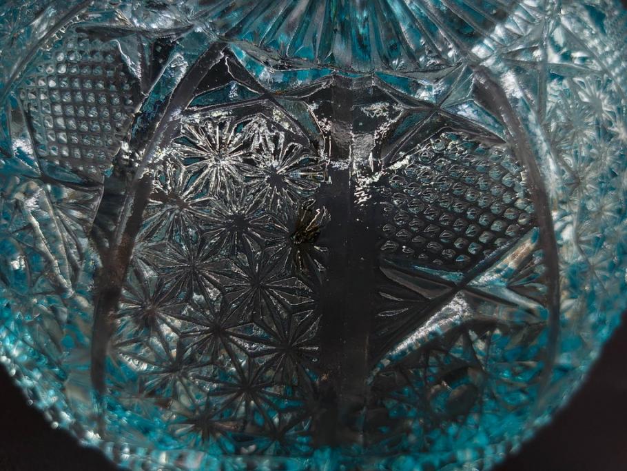 昭和初期　切子　プレスガラス　お部屋に清涼感をもたらすボウル2点&灰皿セット(青、硝子、ガラス鉢、深皿、アシュトレイ、器、和ガラス)(R-082808)
