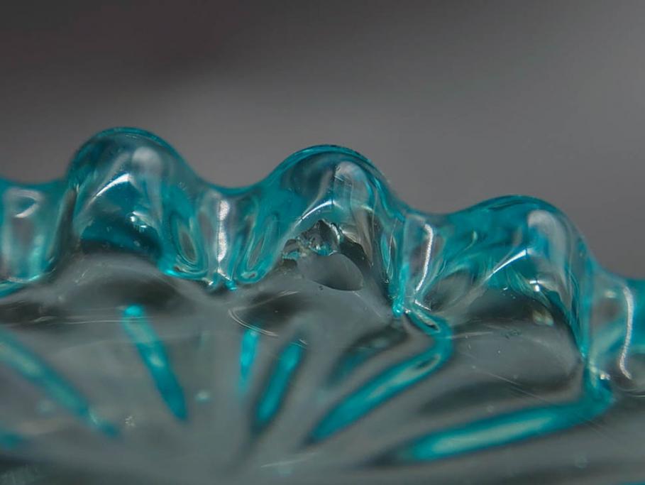 昭和初期　切子　プレスガラス　お部屋に清涼感をもたらすボウル2点&灰皿セット(青、硝子、ガラス鉢、深皿、アシュトレイ、器、和ガラス)(R-082808)