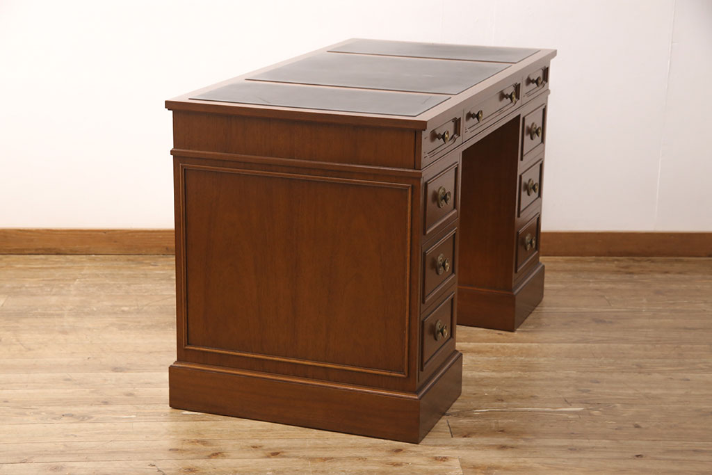 中古　DREXEL HERITAGE(ドレクセルヘリテイジ)　Triune(トライユン)　レザートップが格好いいマホガニー材製のデスク(両袖机、在宅ワーク、在宅用ワークデスク)(定価約75万円)(R-049901)