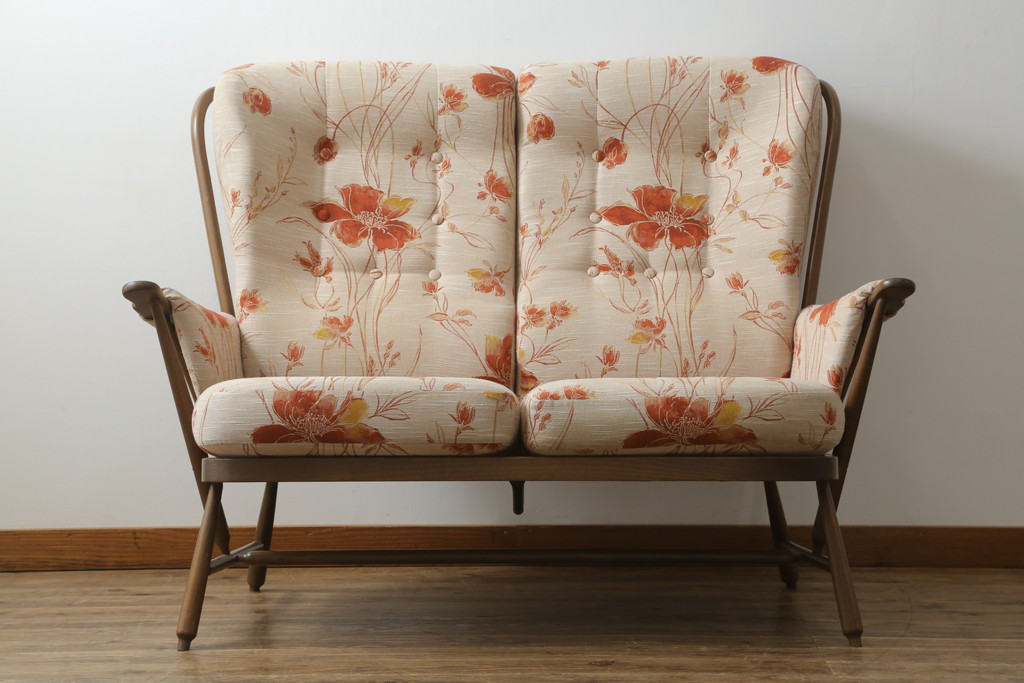 イギリスビンテージ　超美品　ERCOL(アーコール)　エバーグリーン　曲げ木のフレームが目を惹くハイバック2人掛けソファ(アームソファ、ラブソファ、二人掛け、ヴィンテージ、英国、北欧)(R-061602)