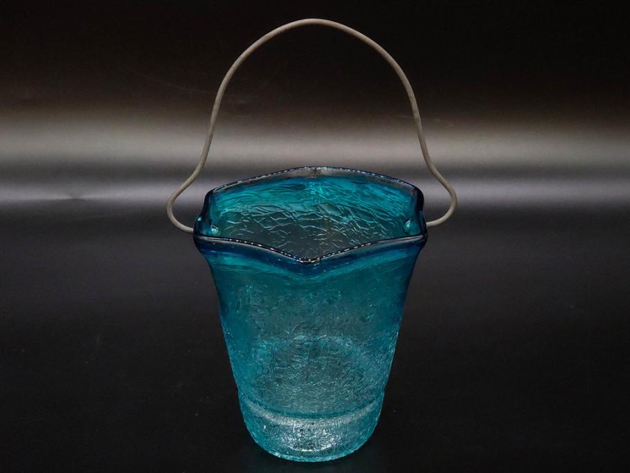 氷裂文　青色　ガラス　涼やかな佇まいのアイスペール(ひび焼き?、硝子、氷入れ、アイスバスケット、氷おけ、氷桶)(R-082813)