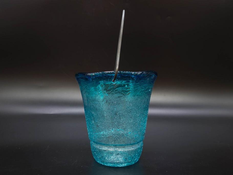 氷裂文　青色　ガラス　涼やかな佇まいのアイスペール(ひび焼き?、硝子、氷入れ、アイスバスケット、氷おけ、氷桶)(R-082813)