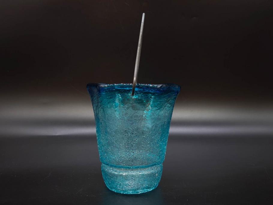 氷裂文　青色　ガラス　涼やかな佇まいのアイスペール(ひび焼き?、硝子、氷入れ、アイスバスケット、氷おけ、氷桶)(R-082813)