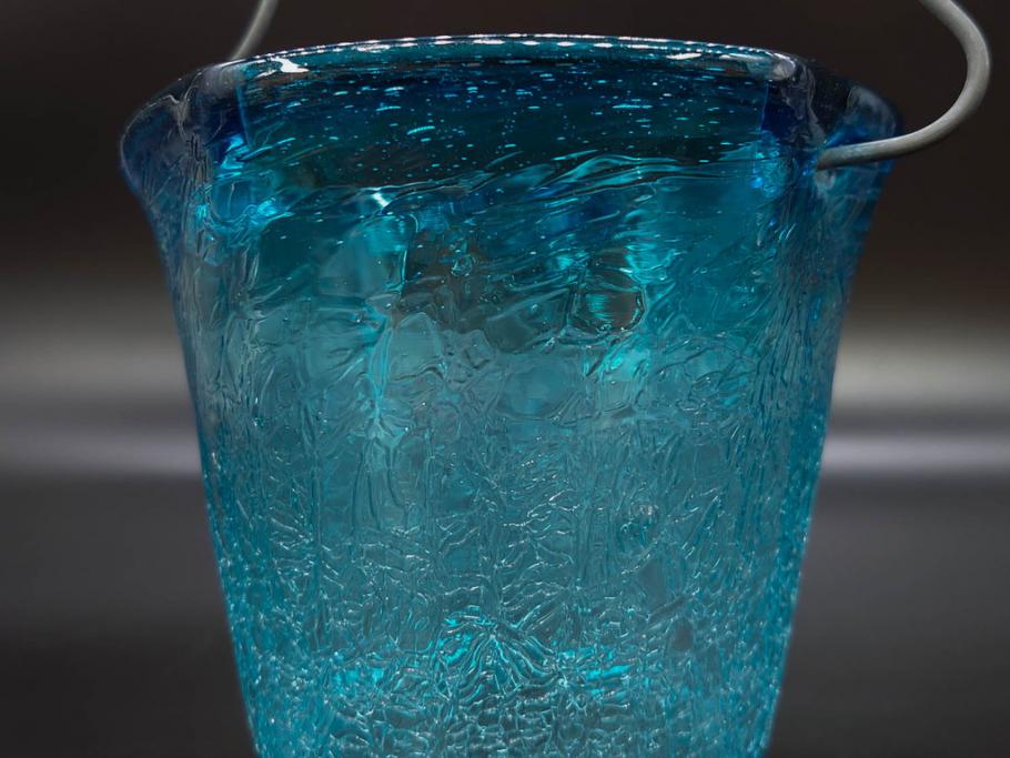 氷裂文　青色　ガラス　涼やかな佇まいのアイスペール(ひび焼き?、硝子、氷入れ、アイスバスケット、氷おけ、氷桶)(R-082813)
