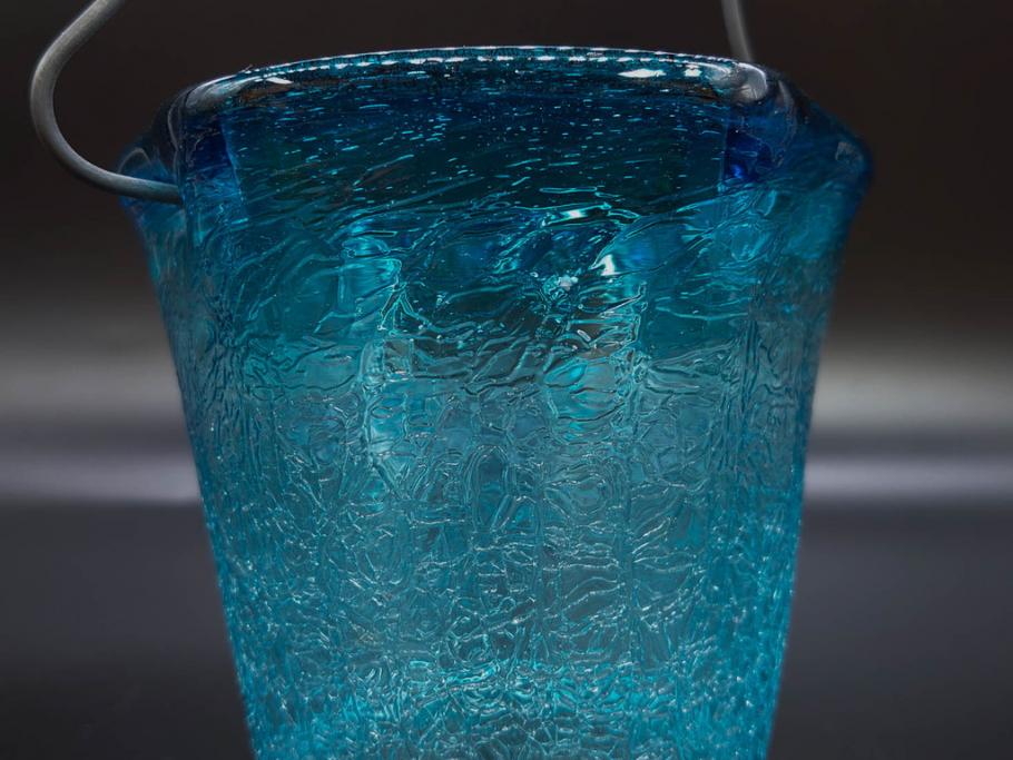 氷裂文　青色　ガラス　涼やかな佇まいのアイスペール(ひび焼き?、硝子、氷入れ、アイスバスケット、氷おけ、氷桶)(R-082813)