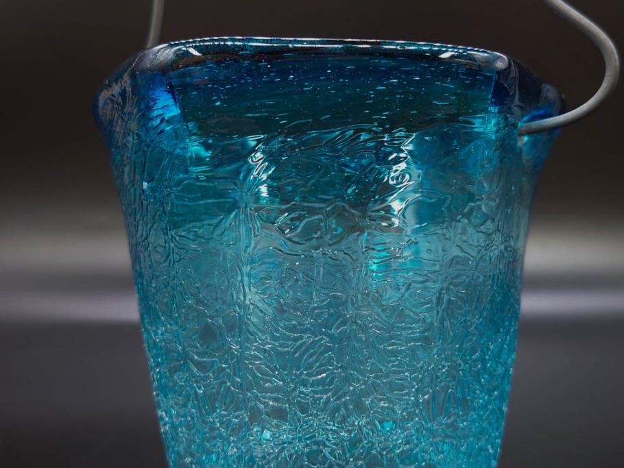 氷裂文　青色　ガラス　涼やかな佇まいのアイスペール(ひび焼き?、硝子、氷入れ、アイスバスケット、氷おけ、氷桶)(R-082813)