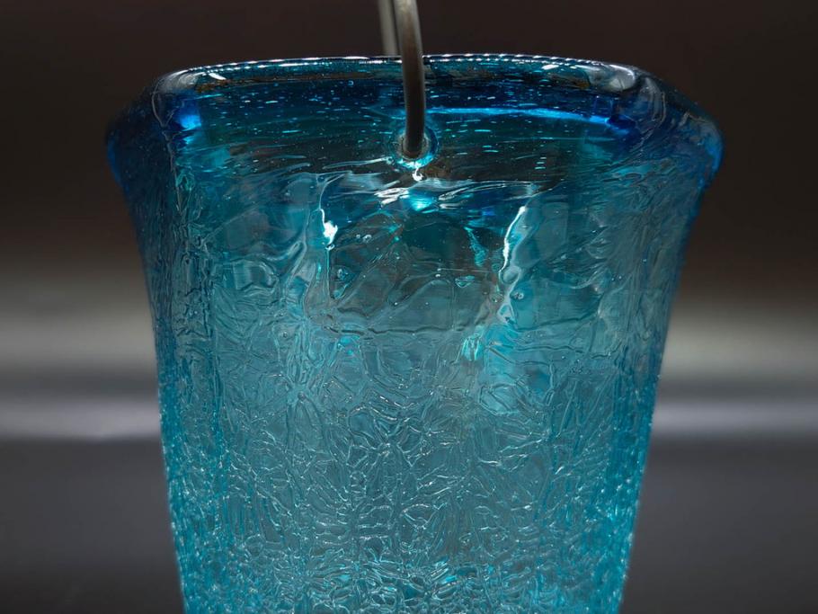 氷裂文　青色　ガラス　涼やかな佇まいのアイスペール(ひび焼き?、硝子、氷入れ、アイスバスケット、氷おけ、氷桶)(R-082813)