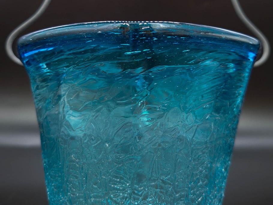氷裂文　青色　ガラス　涼やかな佇まいのアイスペール(ひび焼き?、硝子、氷入れ、アイスバスケット、氷おけ、氷桶)(R-082813)