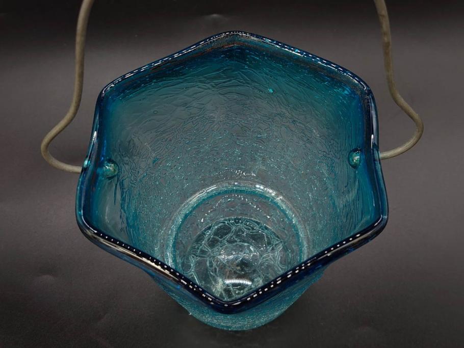 氷裂文　青色　ガラス　涼やかな佇まいのアイスペール(ひび焼き?、硝子、氷入れ、アイスバスケット、氷おけ、氷桶)(R-082813)