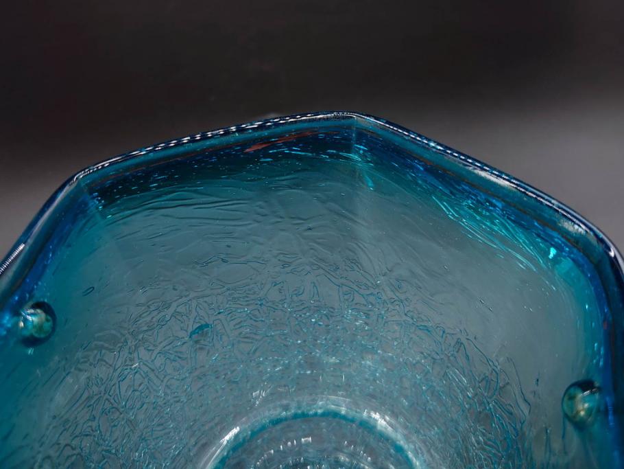 氷裂文　青色　ガラス　涼やかな佇まいのアイスペール(ひび焼き?、硝子、氷入れ、アイスバスケット、氷おけ、氷桶)(R-082813)