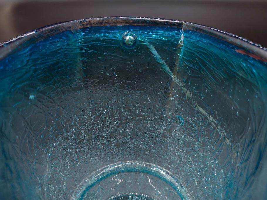 氷裂文　青色　ガラス　涼やかな佇まいのアイスペール(ひび焼き?、硝子、氷入れ、アイスバスケット、氷おけ、氷桶)(R-082813)