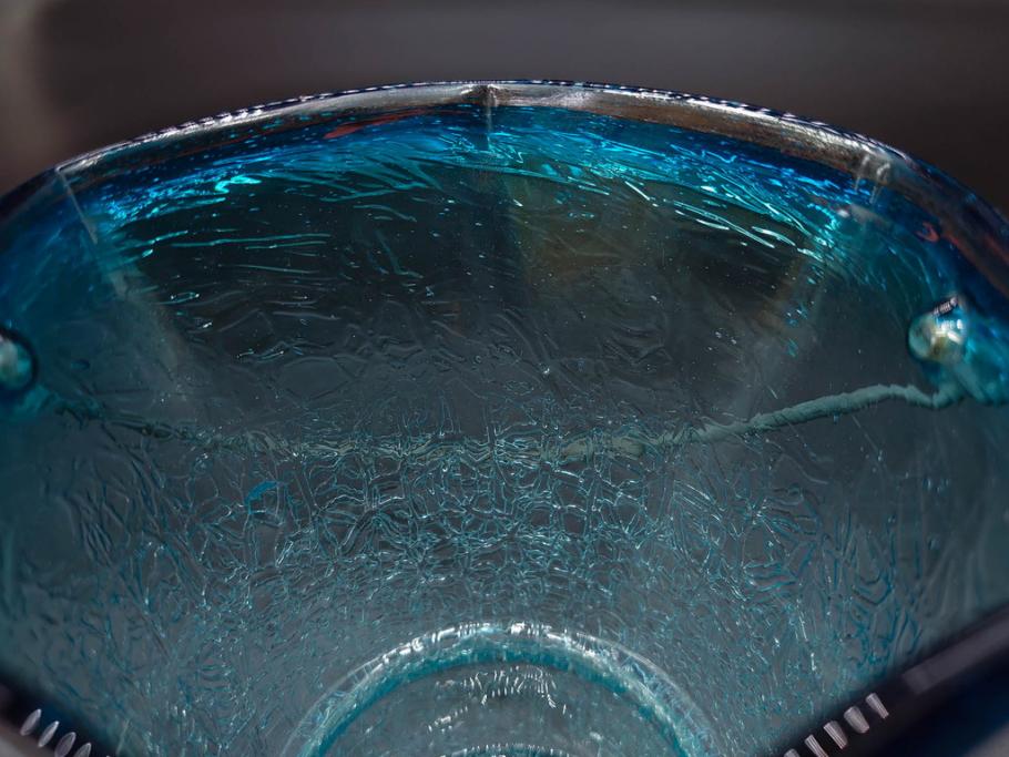 氷裂文　青色　ガラス　涼やかな佇まいのアイスペール(ひび焼き?、硝子、氷入れ、アイスバスケット、氷おけ、氷桶)(R-082813)