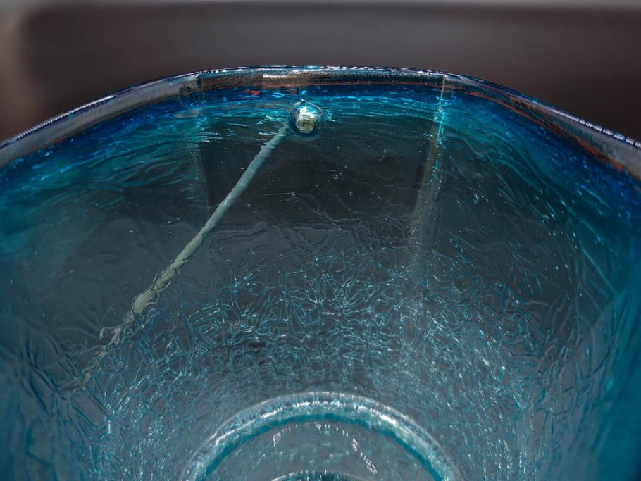 氷裂文　青色　ガラス　涼やかな佇まいのアイスペール(ひび焼き?、硝子、氷入れ、アイスバスケット、氷おけ、氷桶)(R-082813)