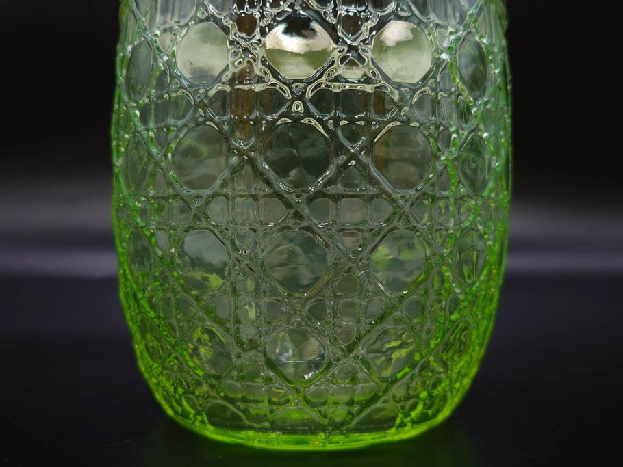 ウランガラス　籠目文　幻想的な色が美しいアイスペール(硝子、氷入れ、アイスバスケット、氷おけ、氷桶、アイストング付)(R-082814)