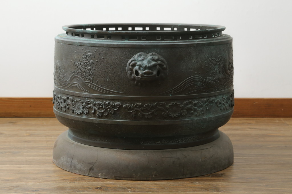 昭和四年　塩原 鋳之　古銅特大火鉢　上手物　約60kg(御鋳物師、手あぶり、鉢カバー、昭和4年、1929年)(R-075840)