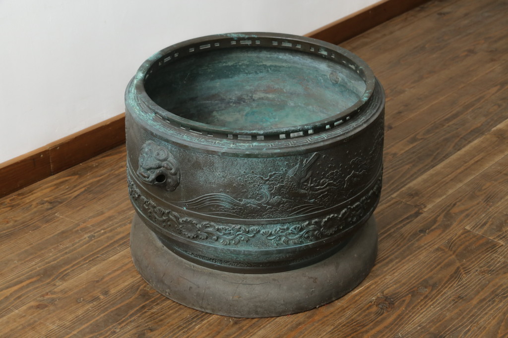 昭和四年　塩原 鋳之　古銅特大火鉢　上手物　約60kg(御鋳物師、手あぶり、鉢カバー、昭和4年、1929年)(R-075840)