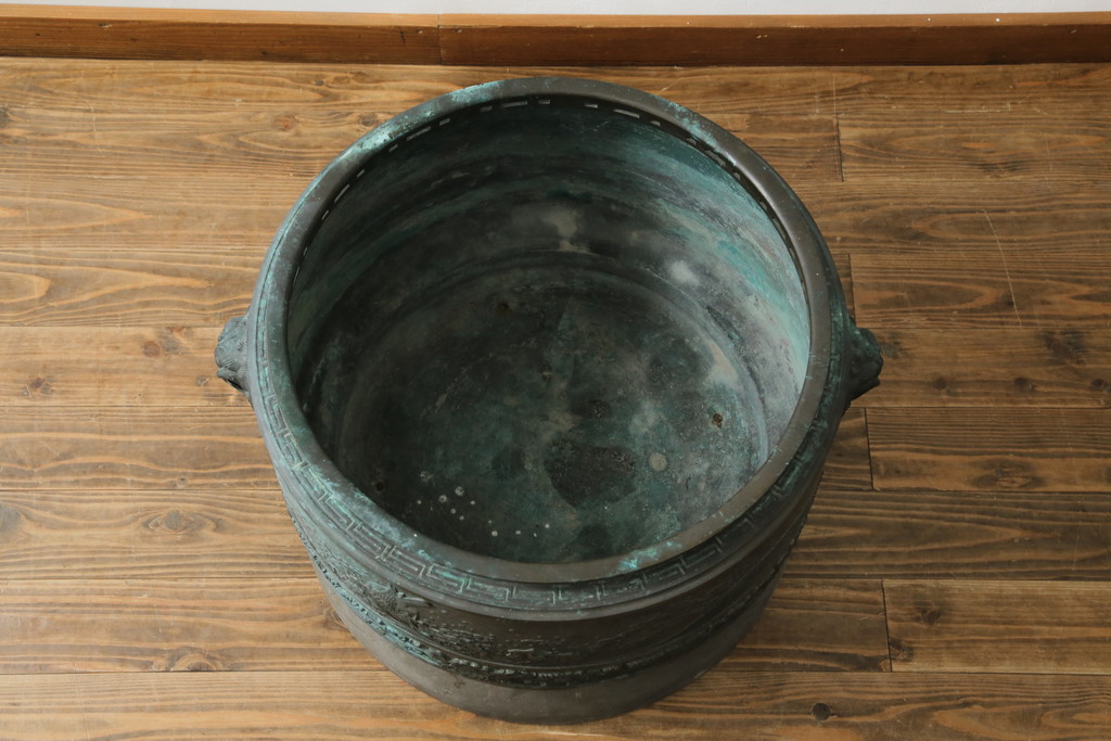 昭和四年　塩原 鋳之　古銅特大火鉢　上手物　約60kg(御鋳物師、手あぶり、鉢カバー、昭和4年、1929年)(R-075840)