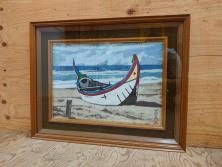 真作　岩壁冨士夫　「エスタレイジャーの海と船」　日本画(舟、共シール、絵画、額装)(R-075966)