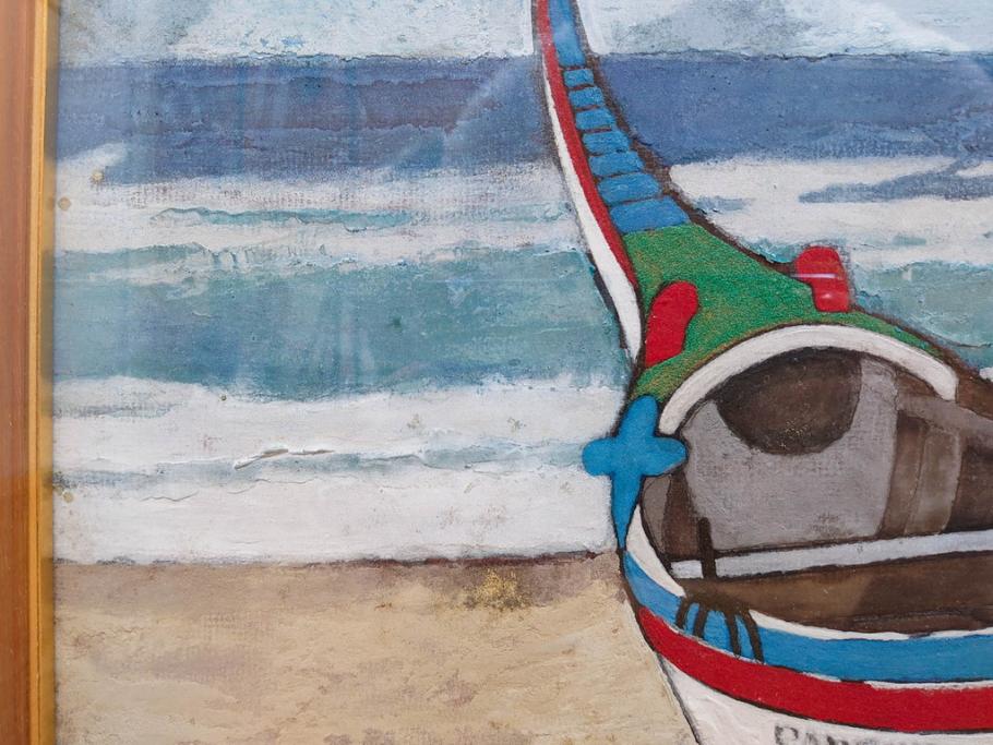 真作　岩壁冨士夫　「エスタレイジャーの海と船」　日本画(舟、共シール、絵画、額装)(R-075966)