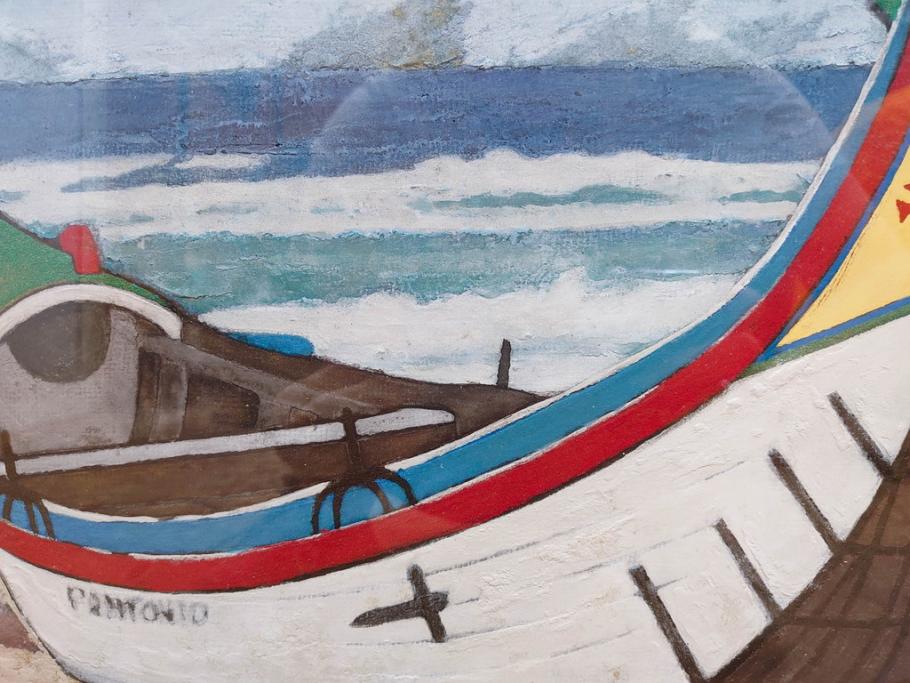 真作　岩壁冨士夫　「エスタレイジャーの海と船」　日本画(舟、共シール、絵画、額装)(R-075966)