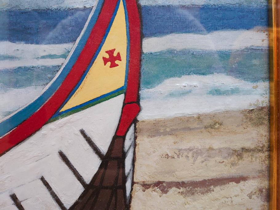 真作　岩壁冨士夫　「エスタレイジャーの海と船」　日本画(舟、共シール、絵画、額装)(R-075966)