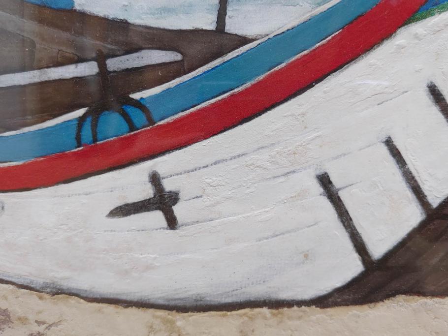 真作　岩壁冨士夫　「エスタレイジャーの海と船」　日本画(舟、共シール、絵画、額装)(R-075966)