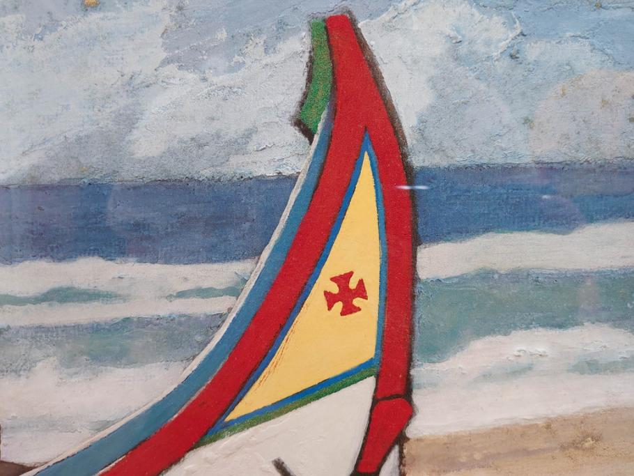 真作　岩壁冨士夫　「エスタレイジャーの海と船」　日本画(舟、共シール、絵画、額装)(R-075966)