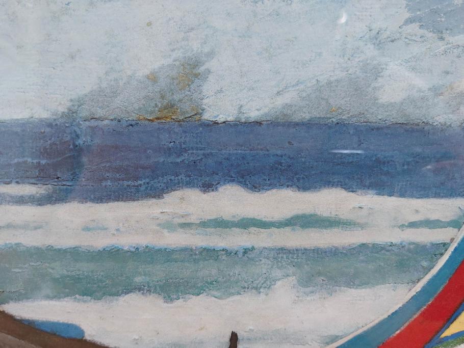 真作　岩壁冨士夫　「エスタレイジャーの海と船」　日本画(舟、共シール、絵画、額装)(R-075966)