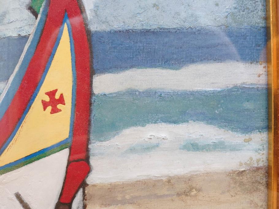 真作　岩壁冨士夫　「エスタレイジャーの海と船」　日本画(舟、共シール、絵画、額装)(R-075966)