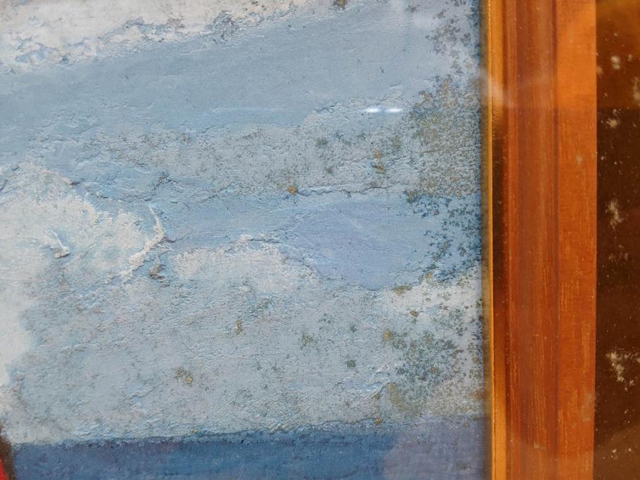真作　岩壁冨士夫　「エスタレイジャーの海と船」　日本画(舟、共シール、絵画、額装)(R-075966)