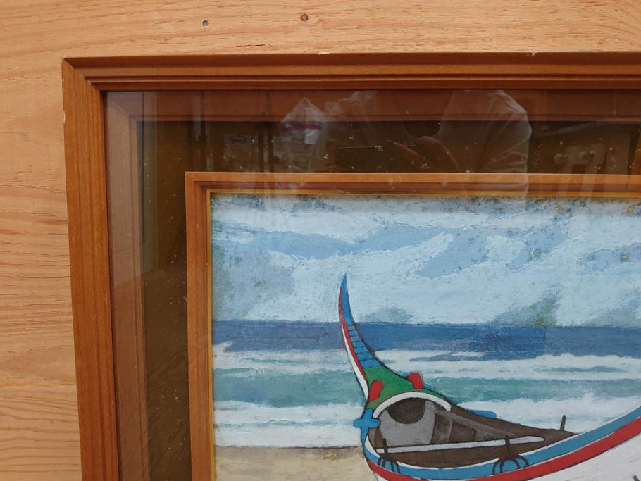 真作　岩壁冨士夫　「エスタレイジャーの海と船」　日本画(舟、共シール、絵画、額装)(R-075966)