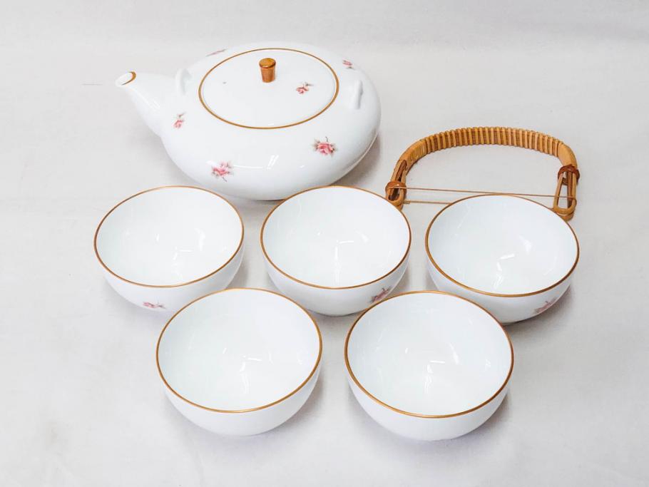 大倉陶園(OKURA、OAC)　小花　プチローズ　可憐で上品な雰囲気を醸し出す茶器セット(バラ、薔薇、急須、湯呑み5客、湯のみ、箱付き、洋食器)(R-076035)