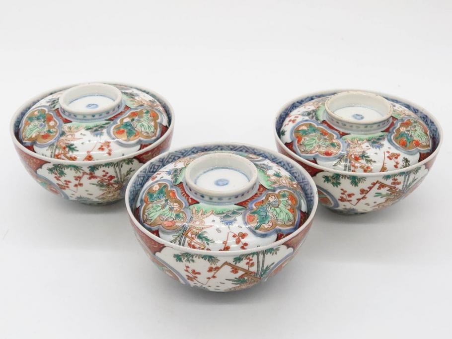上手物　江戸期　古伊万里　色絵　約12cm　3.7寸　華やかな雰囲気溢れる蓋付き茶碗3客セット(松竹梅、金彩、風景、花、器、どんぶり、蓋茶碗、和食器、三寸七分)(R-082822)
