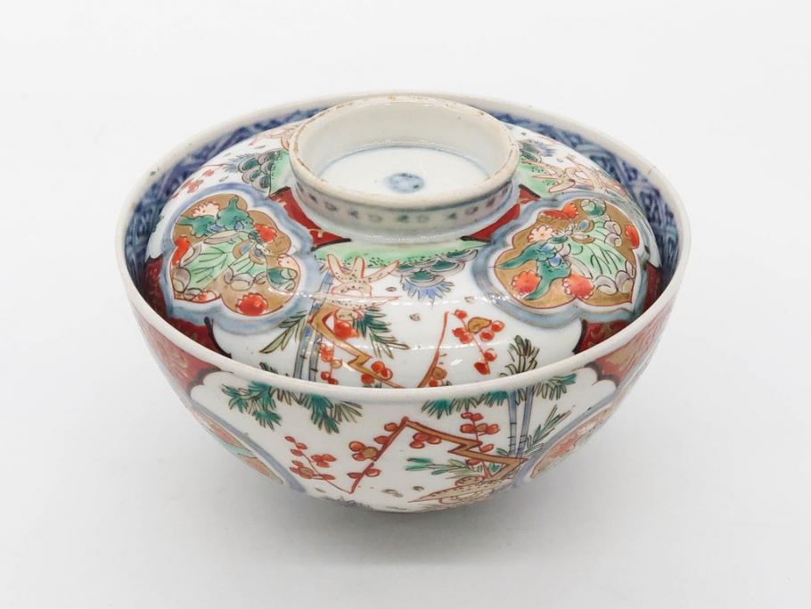 上手物　江戸期　古伊万里　色絵　約12cm　3.7寸　華やかな雰囲気溢れる蓋付き茶碗3客セット(松竹梅、金彩、風景、花、器、どんぶり、蓋茶碗、和食器、三寸七分)(R-082822)