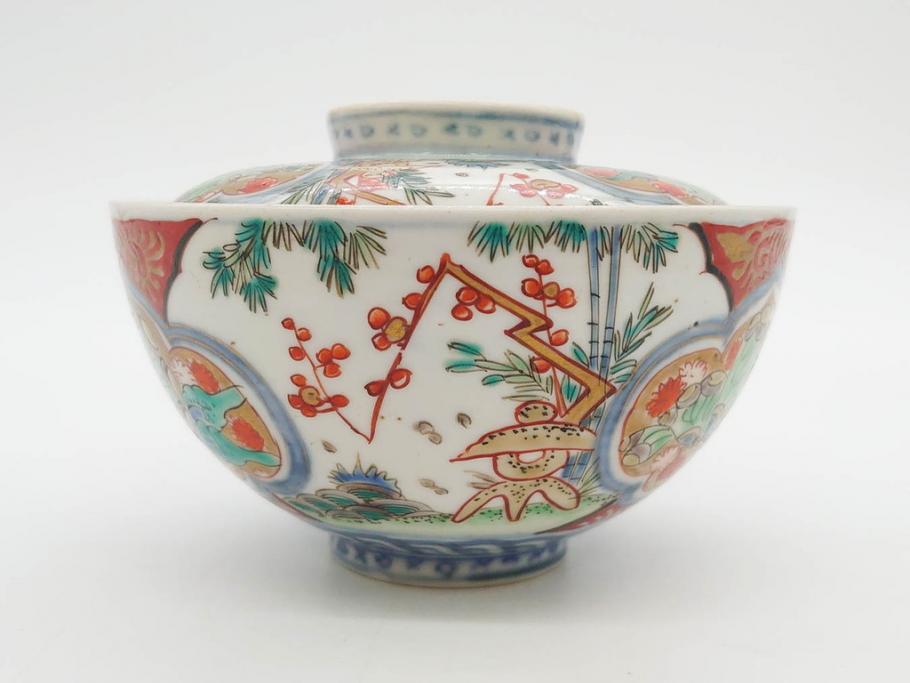 上手物　江戸期　古伊万里　色絵　約12cm　3.7寸　華やかな雰囲気溢れる蓋付き茶碗3客セット(松竹梅、金彩、風景、花、器、どんぶり、蓋茶碗、和食器、三寸七分)(R-082822)