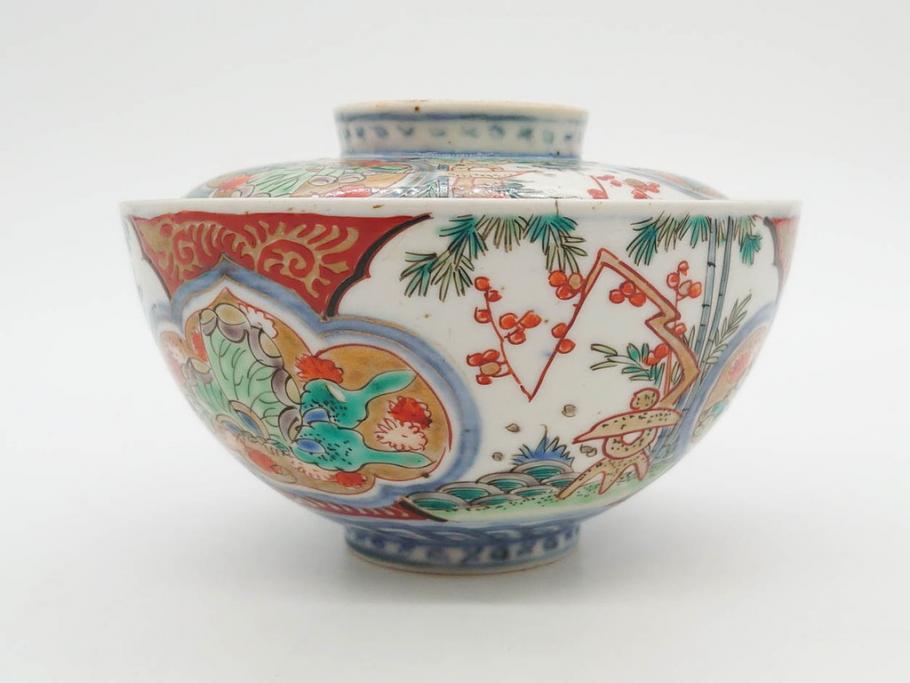 上手物　江戸期　古伊万里　色絵　約12cm　3.7寸　華やかな雰囲気溢れる蓋付き茶碗3客セット(松竹梅、金彩、風景、花、器、どんぶり、蓋茶碗、和食器、三寸七分)(R-082822)