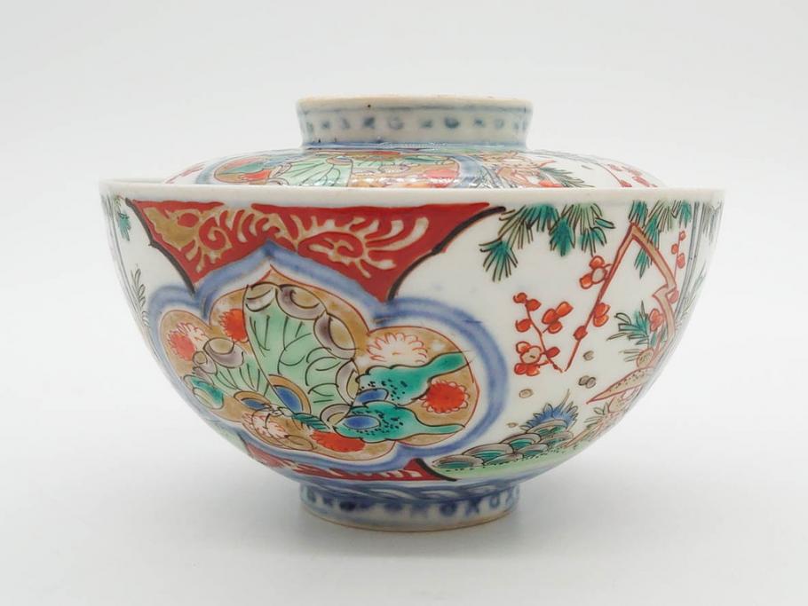 上手物　江戸期　古伊万里　色絵　約12cm　3.7寸　華やかな雰囲気溢れる蓋付き茶碗3客セット(松竹梅、金彩、風景、花、器、どんぶり、蓋茶碗、和食器、三寸七分)(R-082822)