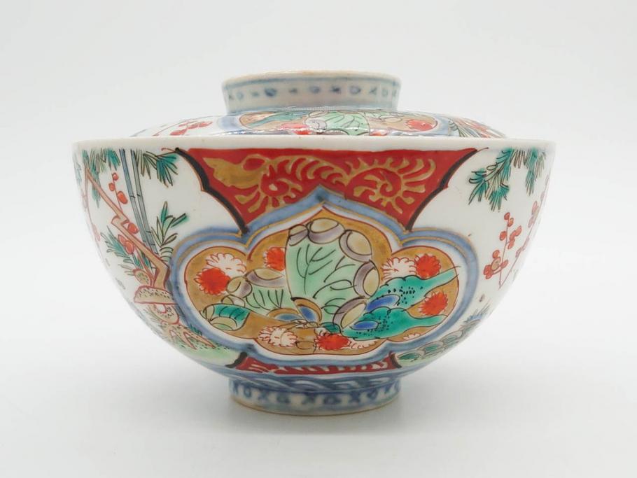上手物　江戸期　古伊万里　色絵　約12cm　3.7寸　華やかな雰囲気溢れる蓋付き茶碗3客セット(松竹梅、金彩、風景、花、器、どんぶり、蓋茶碗、和食器、三寸七分)(R-082822)