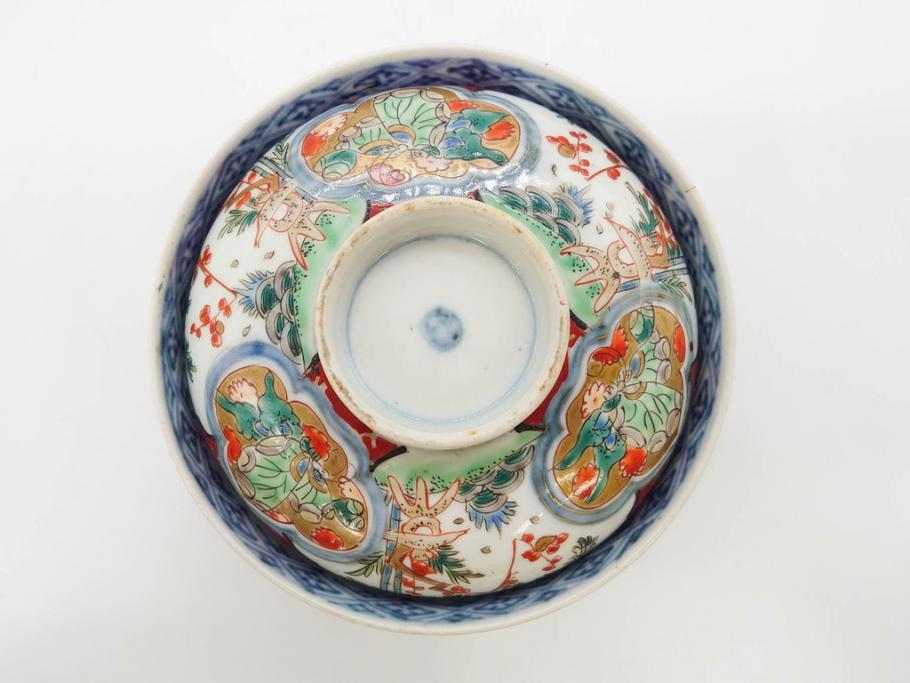 上手物　江戸期　古伊万里　色絵　約12cm　3.7寸　華やかな雰囲気溢れる蓋付き茶碗3客セット(松竹梅、金彩、風景、花、器、どんぶり、蓋茶碗、和食器、三寸七分)(R-082822)