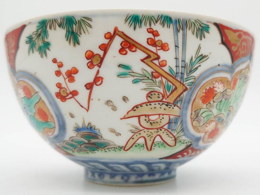 上手物　江戸期　古伊万里　色絵　約12cm　3.7寸　華やかな雰囲気溢れる蓋付き茶碗3客セット(松竹梅、金彩、風景、花、器、どんぶり、蓋茶碗、和食器、三寸七分)(R-082822)