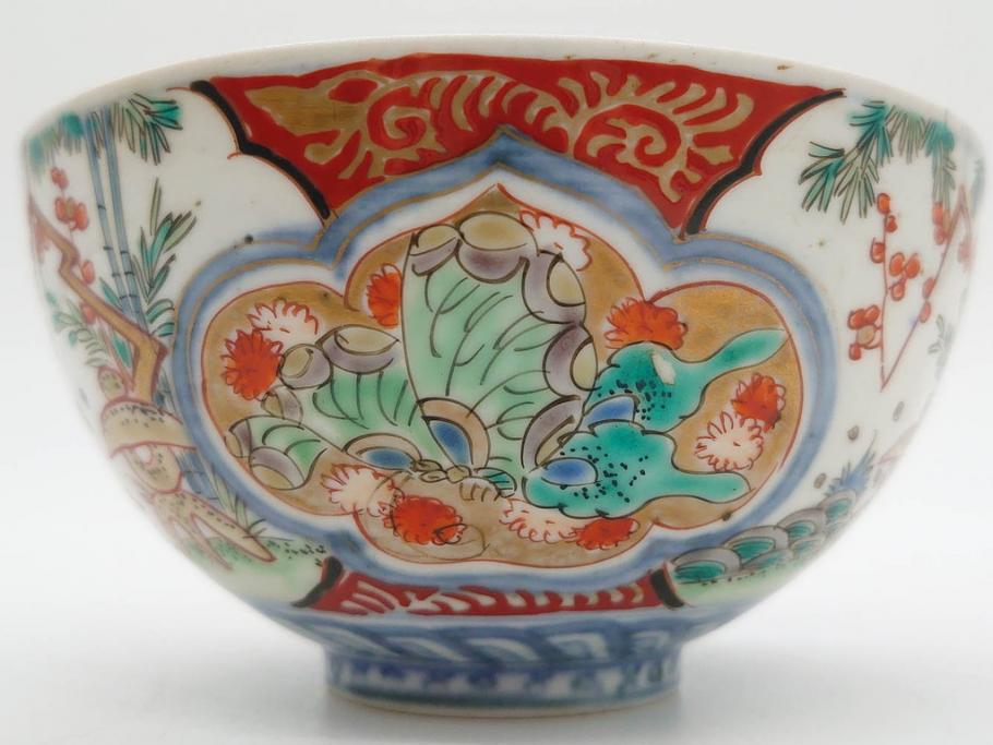 上手物　江戸期　古伊万里　色絵　約12cm　3.7寸　華やかな雰囲気溢れる蓋付き茶碗3客セット(松竹梅、金彩、風景、花、器、どんぶり、蓋茶碗、和食器、三寸七分)(R-082822)