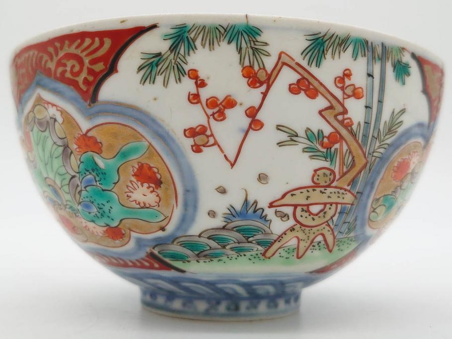 上手物　江戸期　古伊万里　色絵　約12cm　3.7寸　華やかな雰囲気溢れる蓋付き茶碗3客セット(松竹梅、金彩、風景、花、器、どんぶり、蓋茶碗、和食器、三寸七分)(R-082822)