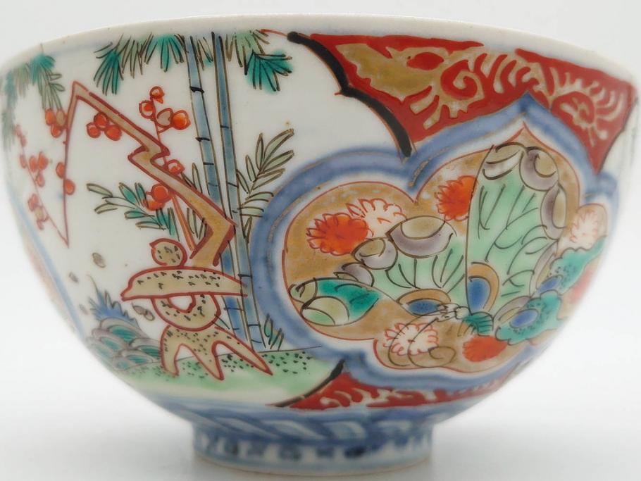 上手物　江戸期　古伊万里　色絵　約12cm　3.7寸　華やかな雰囲気溢れる蓋付き茶碗3客セット(松竹梅、金彩、風景、花、器、どんぶり、蓋茶碗、和食器、三寸七分)(R-082822)