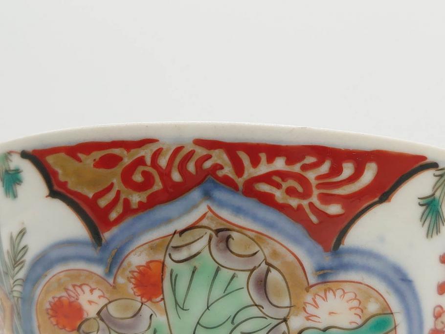 上手物　江戸期　古伊万里　色絵　約12cm　3.7寸　華やかな雰囲気溢れる蓋付き茶碗3客セット(松竹梅、金彩、風景、花、器、どんぶり、蓋茶碗、和食器、三寸七分)(R-082822)